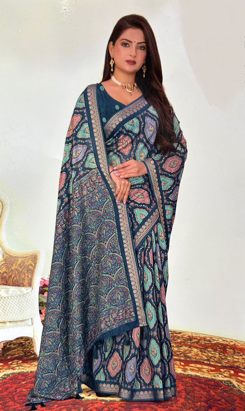 Pure Georgette Kalamkari Print Weaved Silk Saree